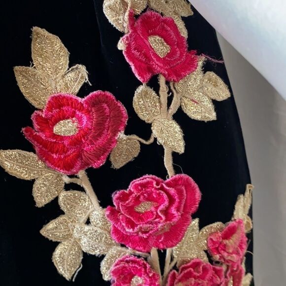 Vintage Black Velvet Floor Length Dress Floral Appliqué Custom Made Gown Evening - Picture 3 of 6